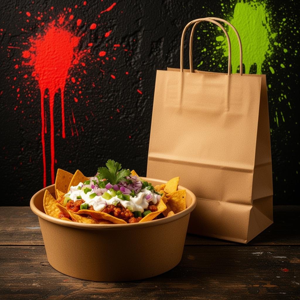 Chilaquiles con paquete kraft sobre fondo negro con salpicaduras rojas y verdes